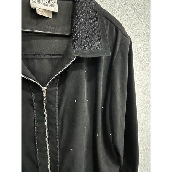 Vintage Nancy Bolen Black Rhinestone Zip Up Jacket Shimmering Trim Sz Large - Picture 4 of 9